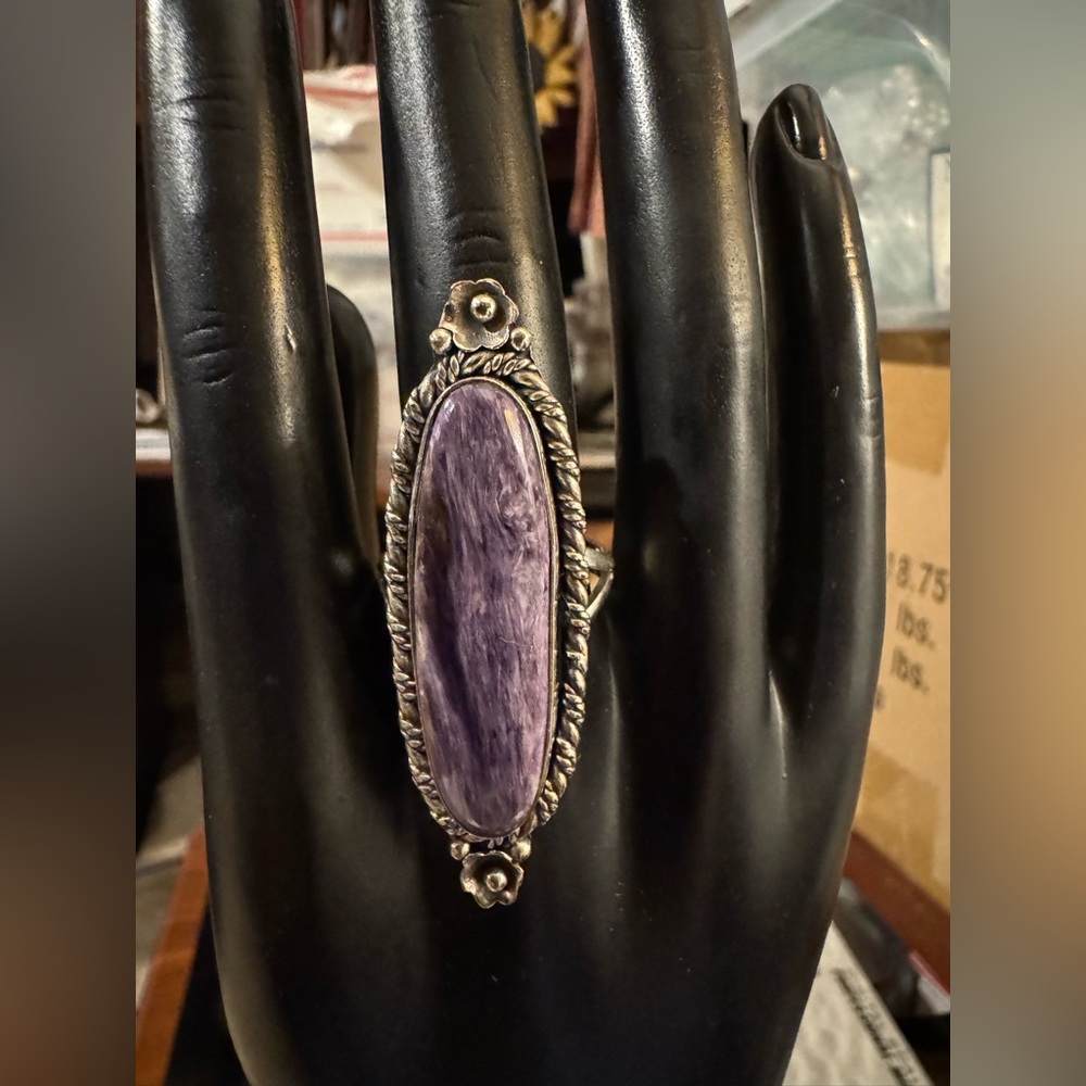 Sterling Silver Long 925 Size 9.5 Oval Charoite Stone Ring 12.6 Grams